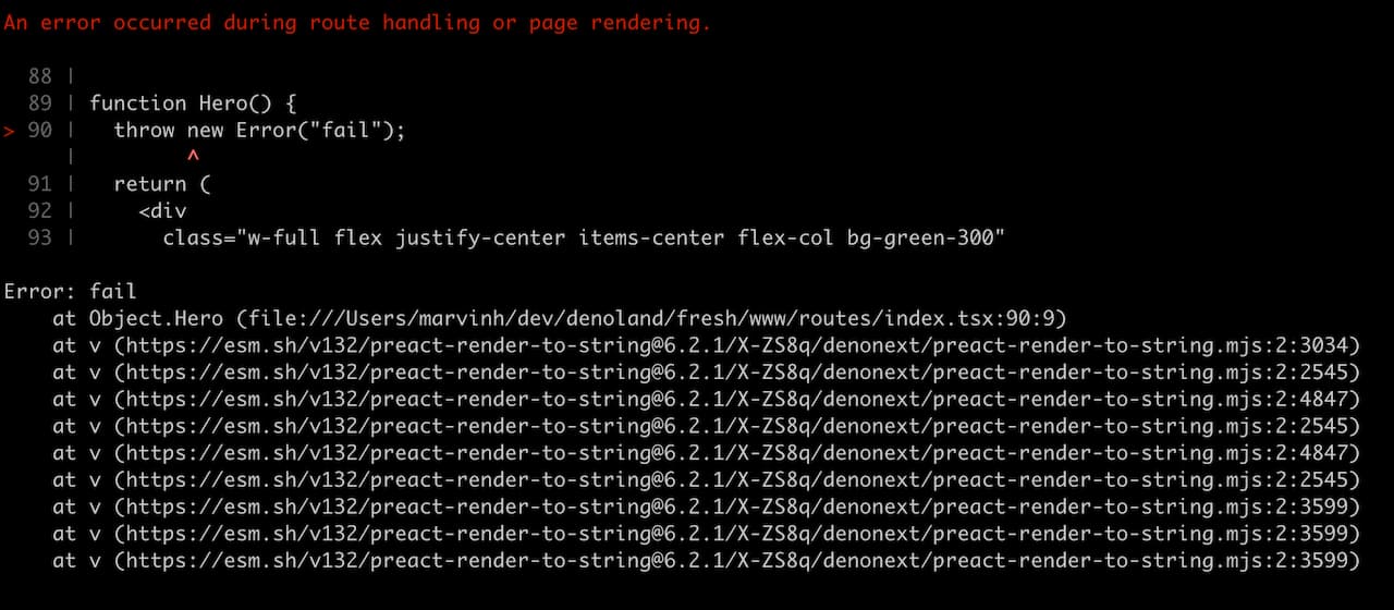 The terminal prints an excerpt of the surrounding area of where the stack trace points to.