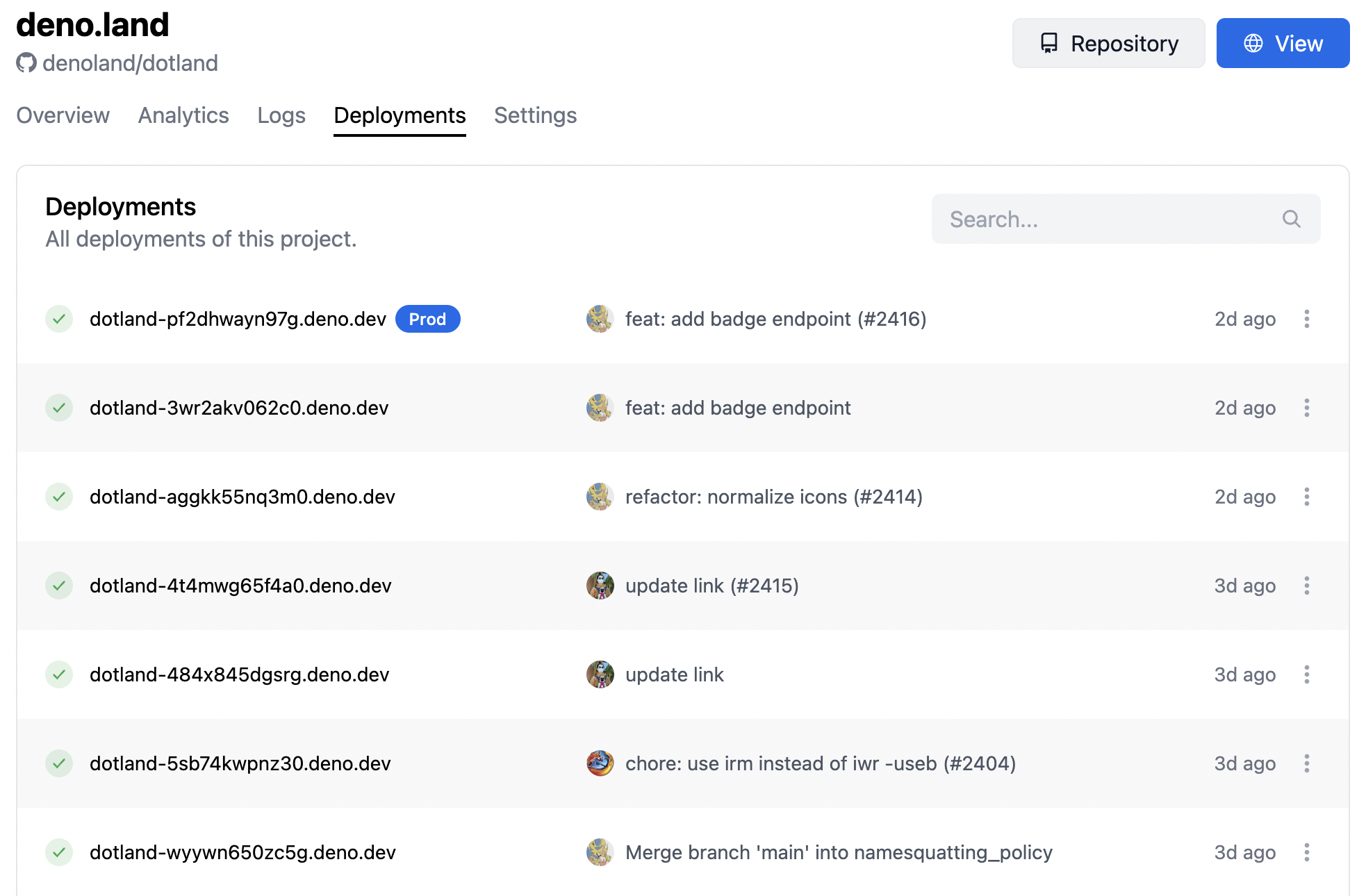 Deployments dashboard in Deno Deploy